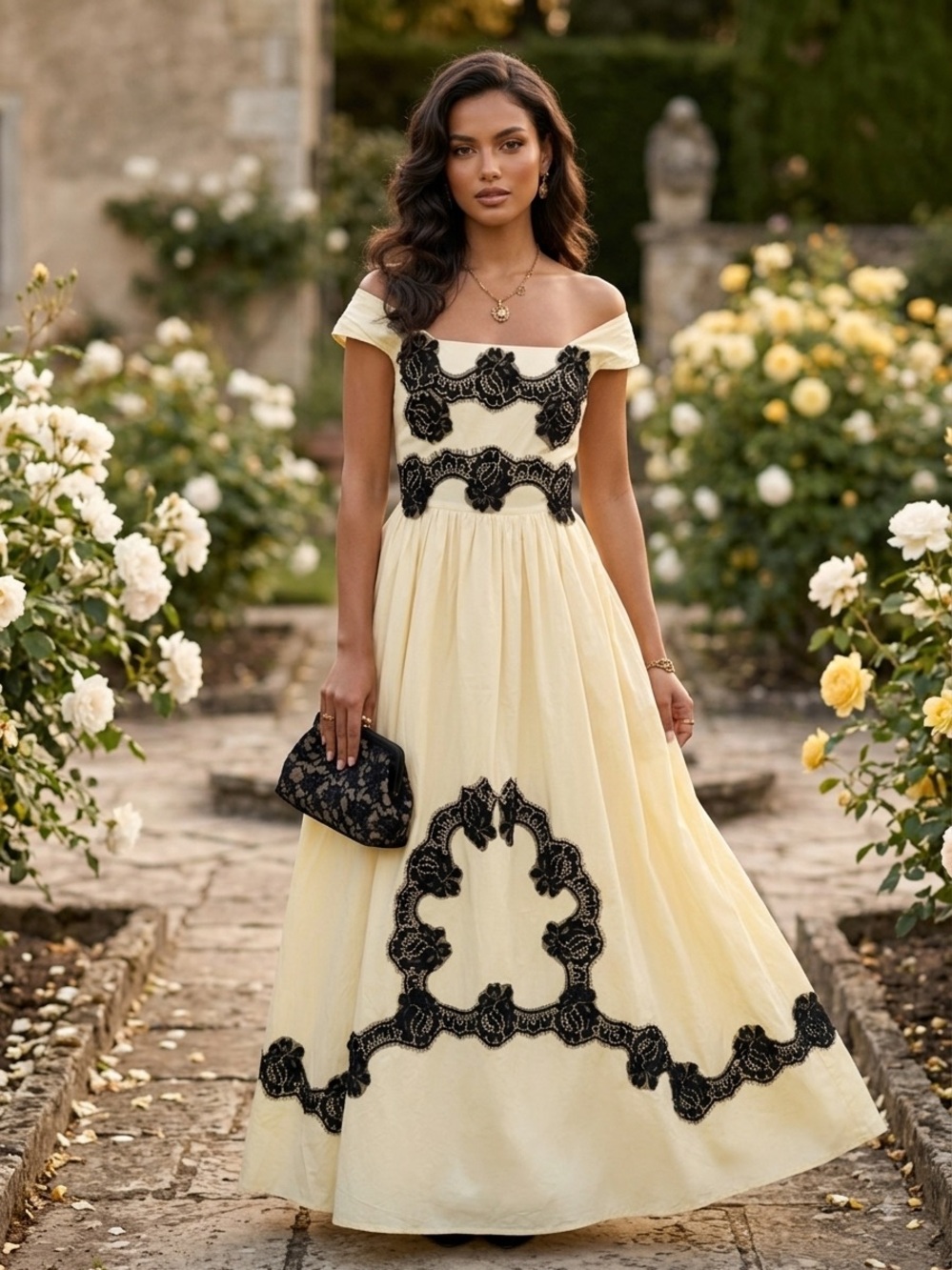 NWT BABR Yellow Lace Trim Off Shoulder Maxi Dress Size 40 M US 8 Cotton Blend